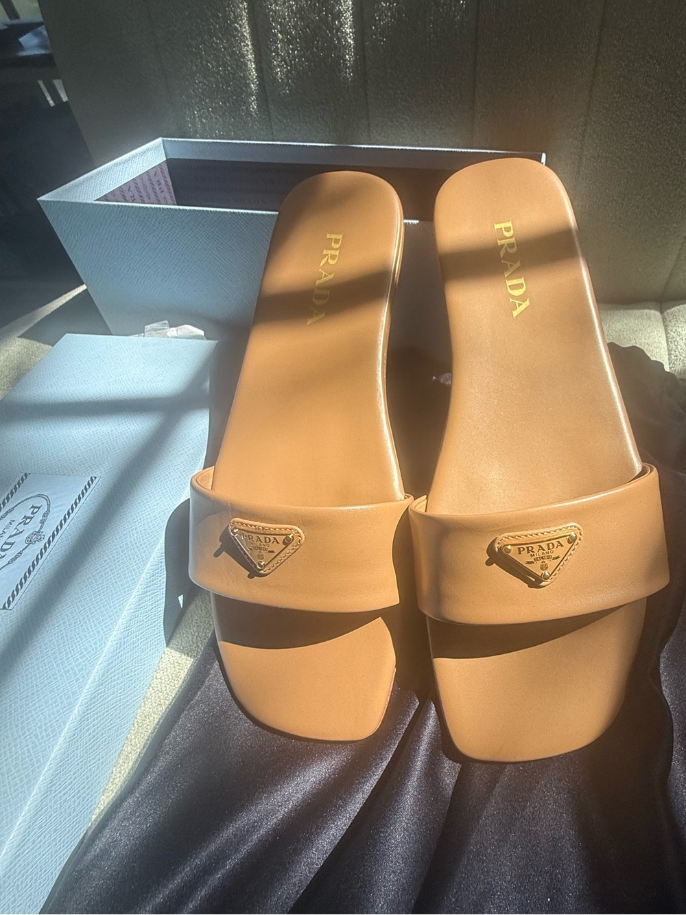 Prada Tan Leather Slide Sandals with Gold Triangle Logo
